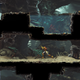 Samus runs to the left through an earthy interior with plant life in the background and a pool of water above.